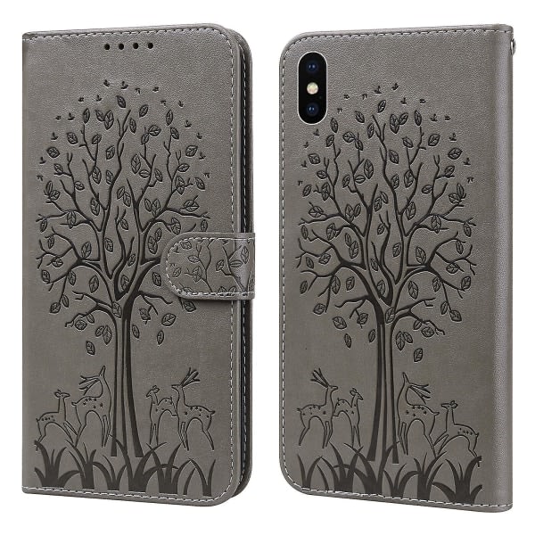 Kompatibelt Iphone X/xs Case Läderfodral Cover Etui Coque - Grey Tree And Deer null ingen