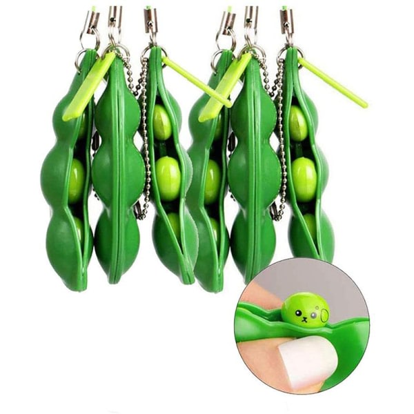 CDQ 6 st Fidget Toy Set, Edamame Nyckelring Squeeze-a-bean Soy Edamame Stress Relief Anti-ångest Rolig Bean Toy