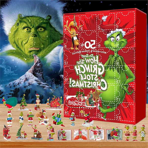 Grinch julkalender 2023 - 24 presenter, söta figurer docka & överraskningsleksaker