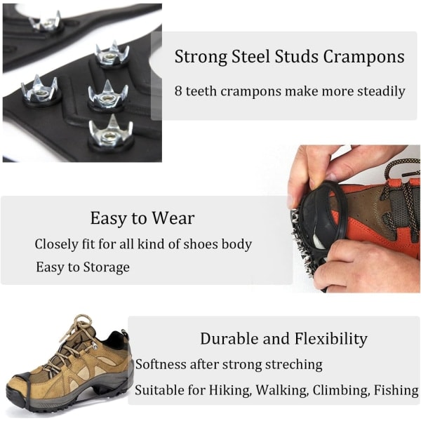 2 par Ice Traction Cleat, Universal Halkfri Gripper Spikes, 8 Stål Crampons L