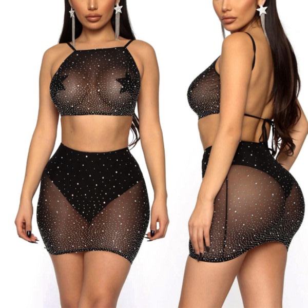 Dam Hollow Out Mesh 2. sæt Shiny for Rhinestone Halter Top Sexy Sheer Mini S