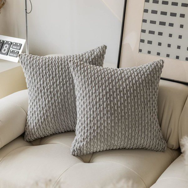 Set med 2 supermyke stripete fløyelsputetrekk, dekorative euro-putetrekk for seng, 20x20 tommer (50 cm), lysegrå