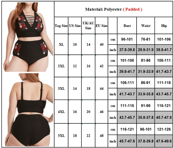 Plus Size Dame Tøj Højtaljet Badedragt Rose Bikini Sæt Badedragt Sort Black 2XL