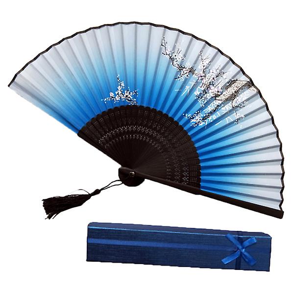 Vikbar sæt japansk stil klassisk sort blått ansigt plommonblomning bambu hopfällbar handhållen fläkt med presentförpackning