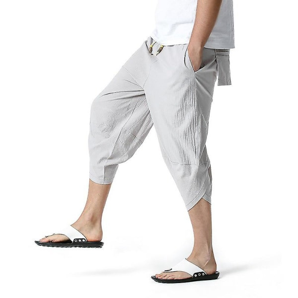 Miesten 3/4 pellavashortsit Kesä Casual Capri Loose Housut Vaaleanharmaa 3XL zdq
