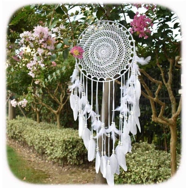 Stor Boho Drømmfangere Hvid Fjer Makrame Væghæng Vintage Bryllup Hjemindretning 35cm Cirkel 115cm Lang