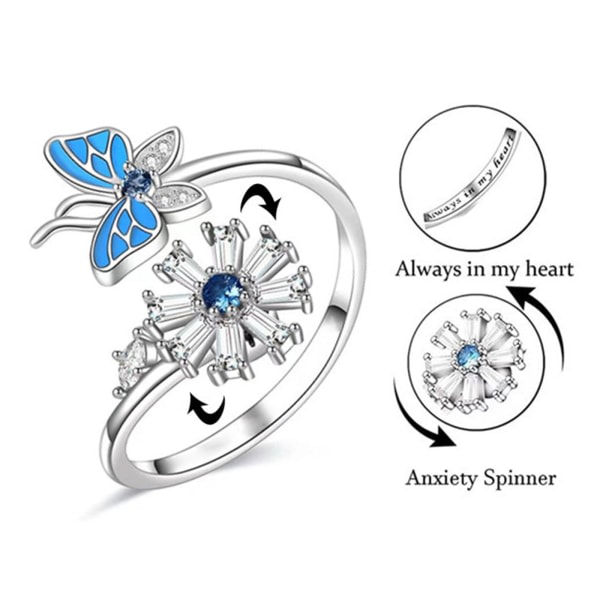 SQBB Bokstaver Angst Ringe Sølv Spinner Ringe for Butterfly Snowflake Angst Spinning Justerbar Ring for Kvinner T