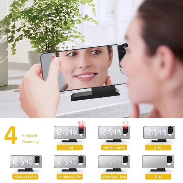 Versatile Projection Alarm Clock, Digital Clock with Large Mirror LED Display & Adjustable Brightness, USB Charging & Dual Alarms, Memory & Night Mode