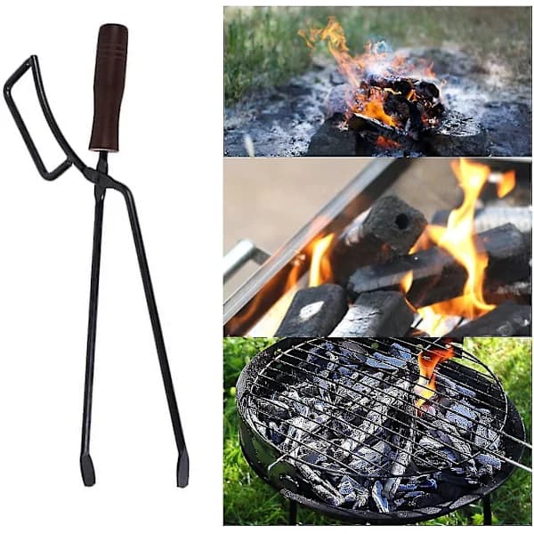 Brændetang Kraftig Rustfrit Stål Med Træhåndtag til Pejs Bål Grill 40 cm