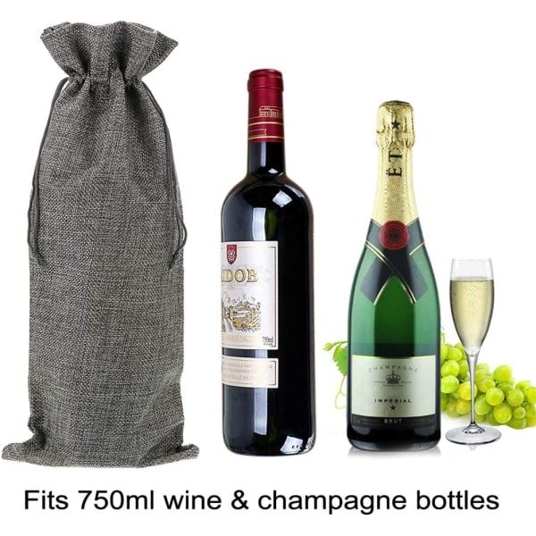 CDQ Hessian Rødvin Gavepose Champagne Flaskepose 15X35CM (Grå, 12-pak)