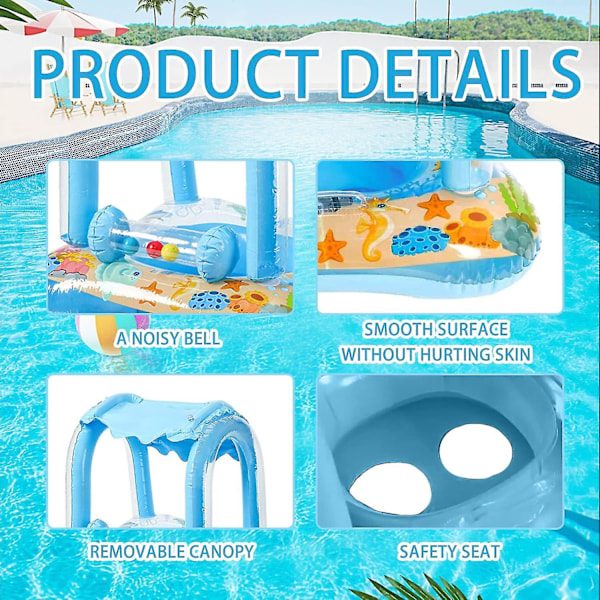 Baby Badring Uppblåsbar Pool Badring Med UPF 50+ Solskydd För Barn 3-36 Månader Kul I Vattnet Blu blue With 3 bells