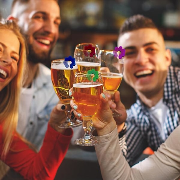 24 stk. vinglasmarkører i glas, glasmarkører til drinks, blomsterformede silikoneglasmarkører, farvede vinglasmarkører