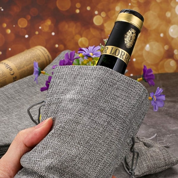 CDQ Hessian Rødvin Gavepose Champagne Flaskepose 15X35CM (Grå, 12-pak)