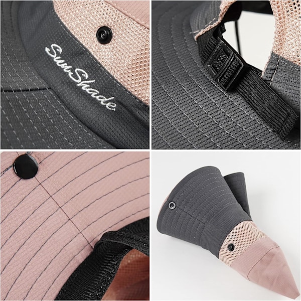 Utomhus UV-skydd Vikbara solhattar Mesh Bred brättad strandfiskehatt med hästsvanshål (rosa)