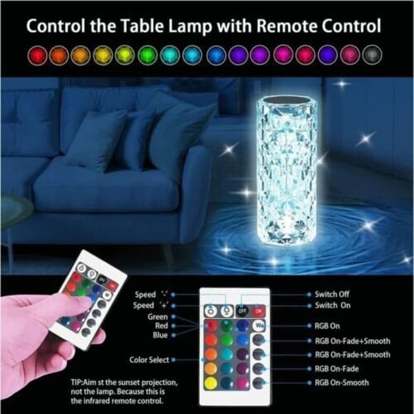 LED Crystal RGB Table Lamp Night Light Touch Atmosphere Bedside Lamp Bar Diamond Rose