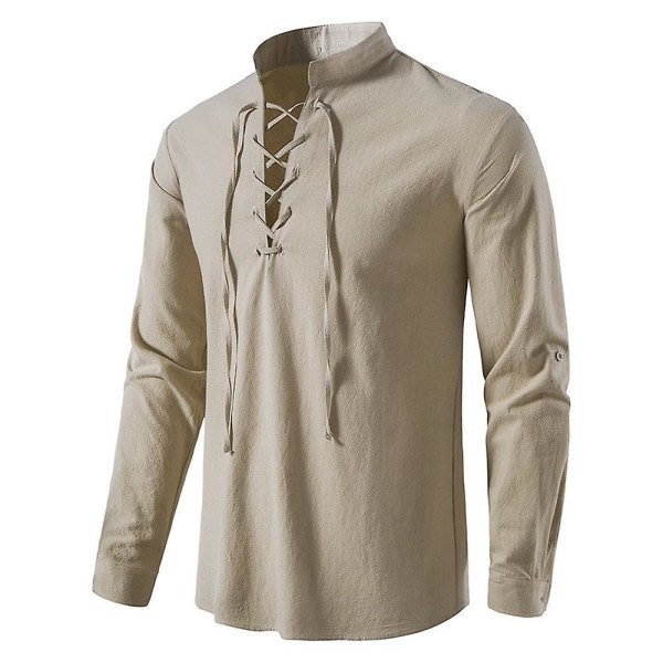 2028 Ny bluse for menn casual bluse bomull lin skjorte Topper langarmet t-skjorte Høst skrå knappslå Vintage khaki S zdq