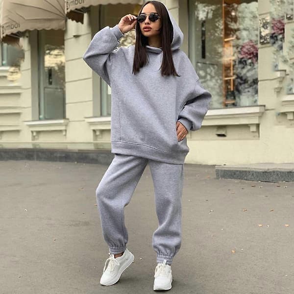 2-delt sæt til kvinder med oversized hættetrøje og joggingbukser, blødt polyester-sæt med langærmet pullover og jogger-bukser til afslapning, lysegrå Light Gray XL