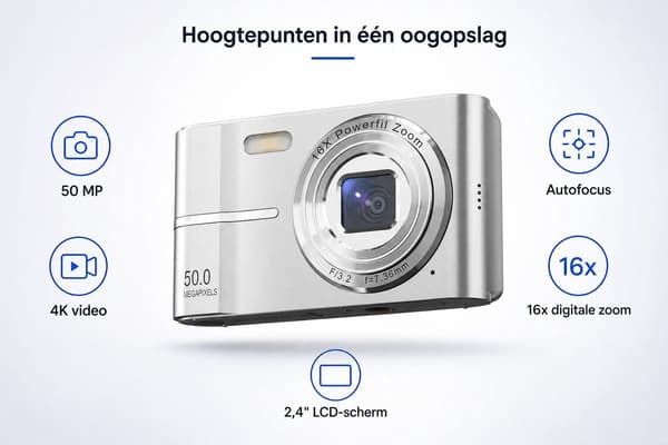 Digitalkamera, 50 Megapixel, 4K Video, 16X Digital Zoom, Autofokus, 2,4-tommer LCD, Kompakt Kamera Til Vlogging Og Rejser, Sort