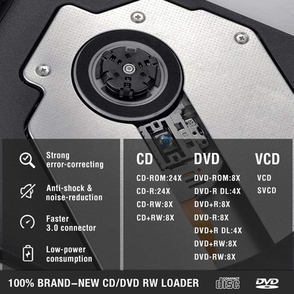USB 3.0/Type-C ohut ulkoinen DVD RW CD-asema Kirjoitin Lukija Musta one size