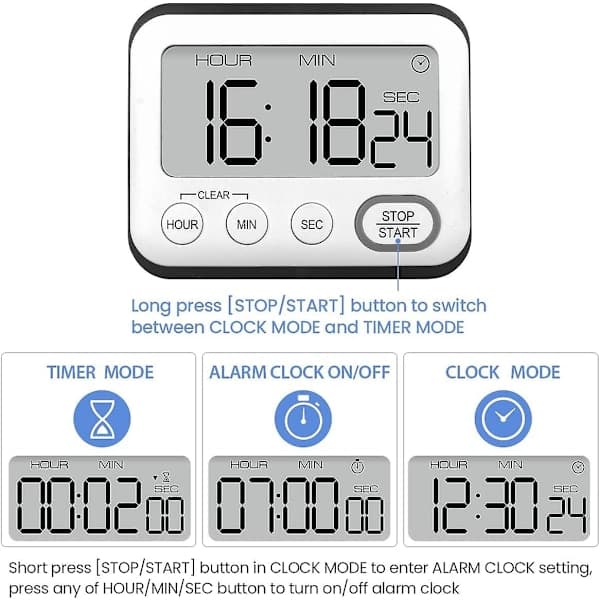 Kökstimer Väckarklocka Multifunktionell Digital Matlagningstimer med Stor LCD-Skärm Magnetisk Stoppur Timer med Klockalarm Magnet