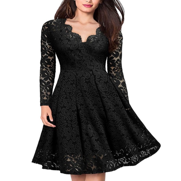 Vintage blommig spetsklänning for kvinner, långärmad klänning med V-ringning svart M CDQ