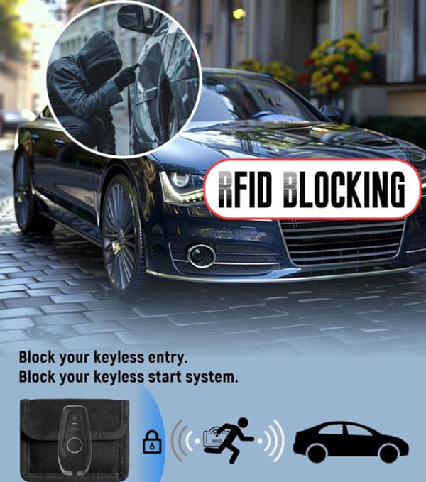 RFID Faraday Nøglefob-pose med signalblokering, bred åbning, kortopbevaring til nøglefri bilnøgler, sort