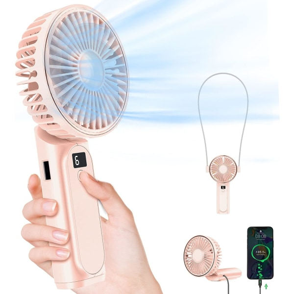 Bärbar handhållen fläkt, nackfläkt, 4000mAh skrivbordsfläkt, 180° justerbar, 6 hastigheter vind, display elektricitet, hopfällbar fläktbank rosa