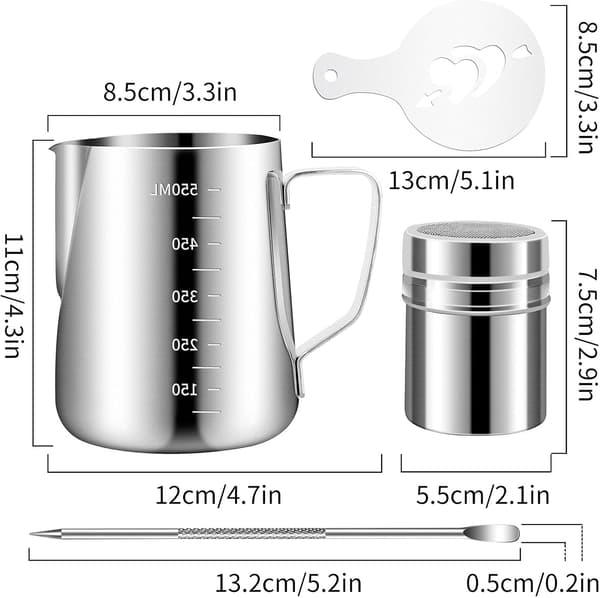 Mælkekande i 304 rustfrit stål 600 ml - 16 kaffedekorationsskabeloner + Latte Art Pen