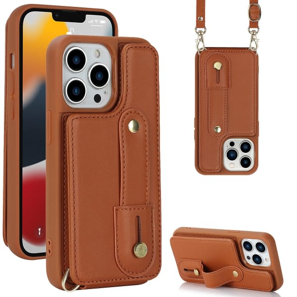 Korthållare Cover till Iphone 13 Pro , Käsivarsinauha Kickstand Läder+tpu Phone case Ruskea