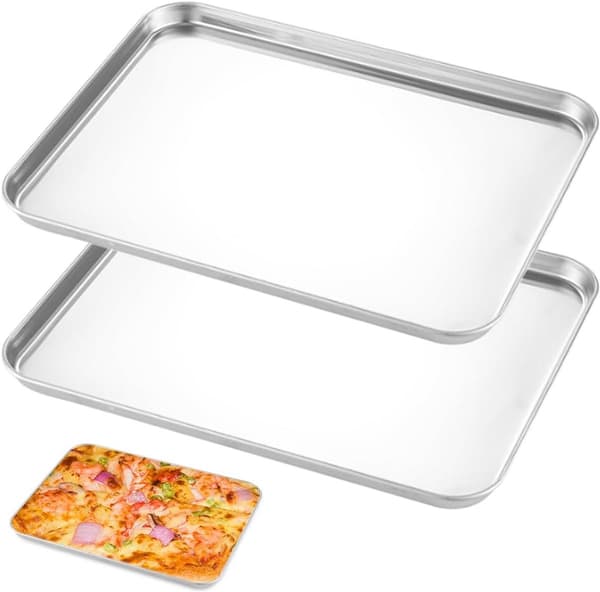 2-delt bageplade i rustfrit stål, varmebestandig op til 230°C, til bagning, stegning, grillning og servering, 26,5 x 20,5 x 1,2 cm