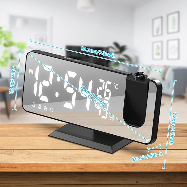 Versatile Projection Alarm Clock, Digital Clock with Large Mirror LED Display & Adjustable Brightness, USB Charging & Dual Alarms, Memory & Night Mode