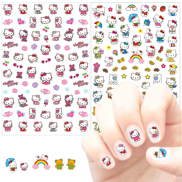 Söta tecknade nail art 3d Hello-kitty Nail art Självhäftande nagelklistermärke Anime Kawaii Designernagelklistermärken för flickor Barn Kvinnor Mani