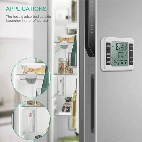 Kyl- och frystermometer, Trådlös kyltermometer med 2 sensorer, Ljudlarm, Min/Max, Inomhus/Utomhus-termometer för hemmet