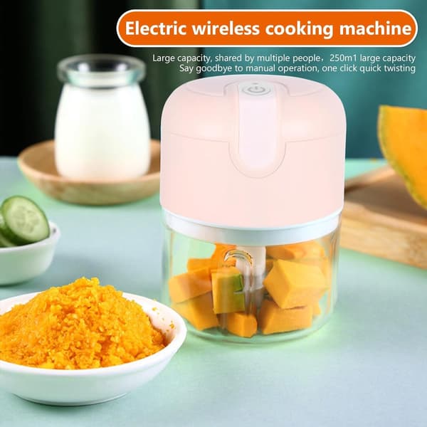 Minimathackare, USB-uppladdningsbar elektrisk processor med tre blad, 250 ml, för barnmat, grönsaker, vitlök och nötter, rosa