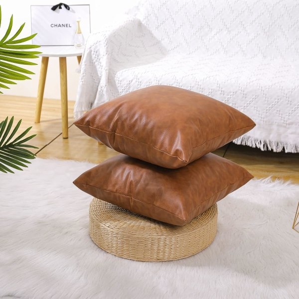 Set med 2 konstläder kuddfodral, moderna bruna kuddfodral för utomhusbruk, dekorativa örngott för bäddsoffa (18 x 18 tum)