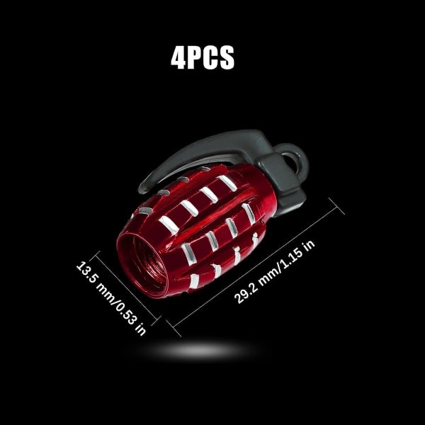 4 kpl alumiininen korkki (punainen), kestävä käsikranaatityylinen venttiilinvarren suojus Ilmatiivis tiiviste autoille, maastureille, kuorma-autoille, moottoripyörille CDQ