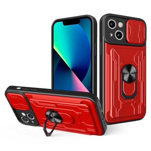 Sliding Camshield Tpu+pc phone case med kortplats för Iphone 14 Röd ingen