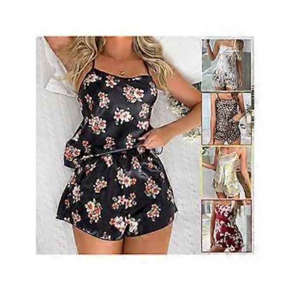 2-delad Satinpyjamas för Kvinnor, Sexig Linne och Elastiska Shorts, Blommigt Tryck, Nattkläder (M svart)