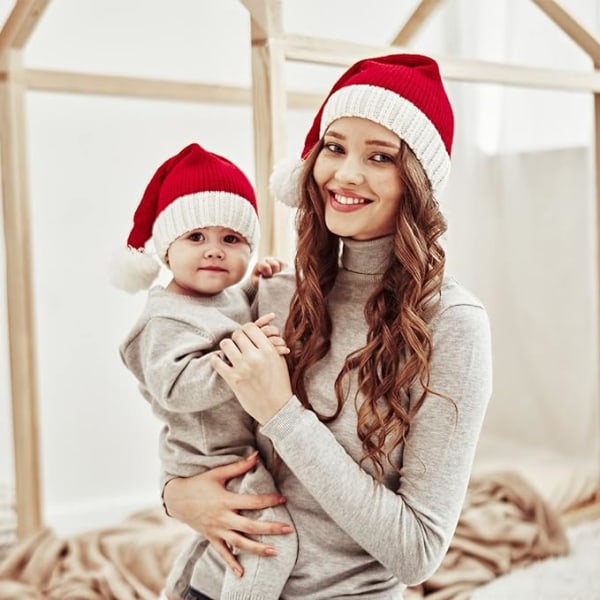 CDQ 2-pakke familiematchende juleluer Vinter varm strikket lue Myk komfortabel foreldre-barn Rød nissehue for voksne barn