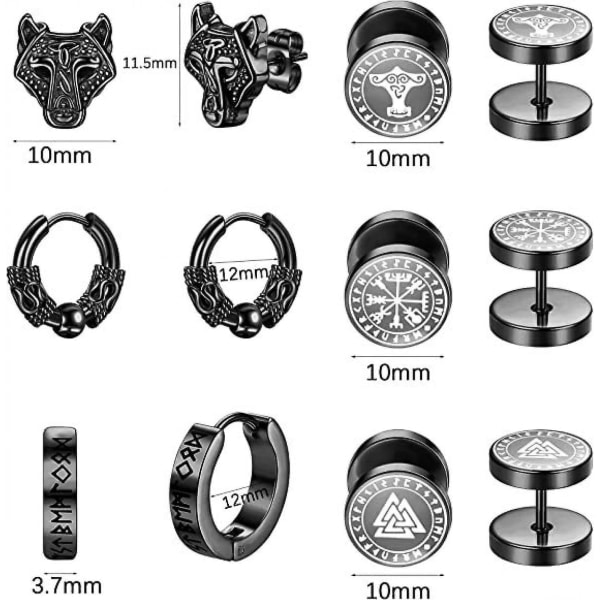 6 par Viking Hoop-ørhängen i rostfritt stål, retromodus-ørhängen for män
