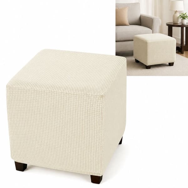 Firkantet pufftrekk, elastisk jacquardpolyester og spandex, elastisk kant, maskinvaskbart, for stuer, beige, liten
