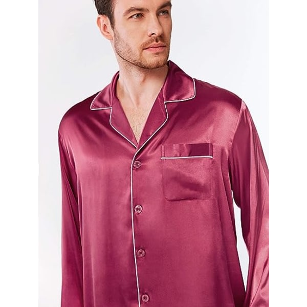 CDQ Pyjamasset for män i sidensatin, långärmad PJ set med knapper og sovkläder i fickor wine red xxl