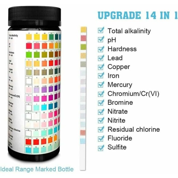 14 in 1 -testremsor för dricks- och kranvatten - Enkel och snabb testning av hårdhet, pH, brom, nitrat och mer - Paket med 100