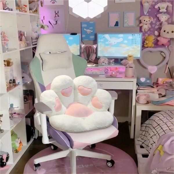 Katt tass kudde Kawaii stol kudde 69,8 x 59,9 cm Söt hjärta Sittdyna Bekväm latsoffa för spelstol Rumsdekoration Vit