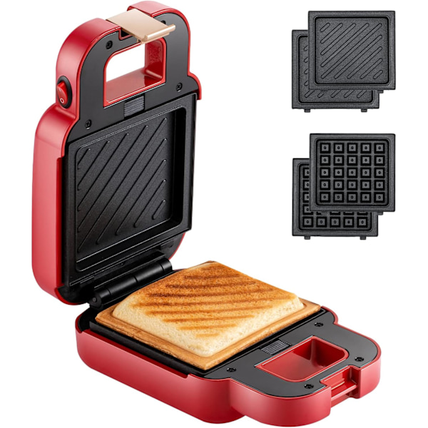 Mini Toastmaskin med Non-Stick & Lätt att Rengöra Värmeplattor (Röd)