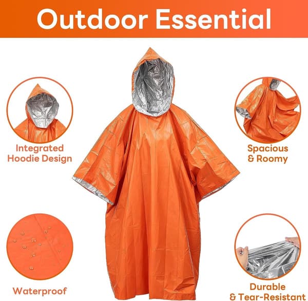 4-pak nødponchoer, vendbare PE termiske tæpper, vandtæt regntøj med hætte til udendørs overlevelse, orange, 130 x 100 cm