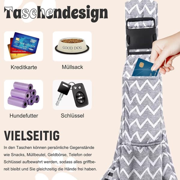 Hundebæresele, vendbar polyester, justerbar rem og frontlomme, til små hunde og katte op til 7,5 kg, grå zigzag
