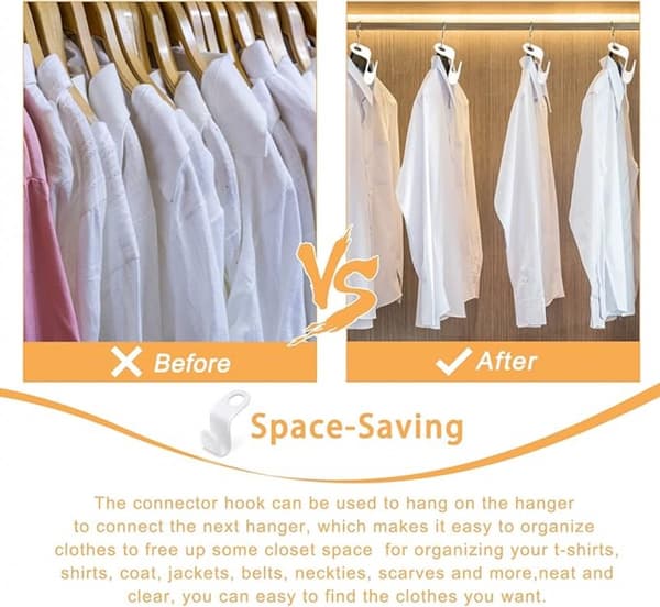Clothes Hooks 50-pack - White Plastic - Cascade Hanging - Hanger Extension Clips - Space Saving for Wardrobe