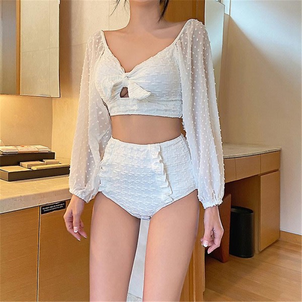 Sexy Mesh Långärmad Off Shoulder Bikini Set Bow Push Up Baddräkt Hög midja zdq