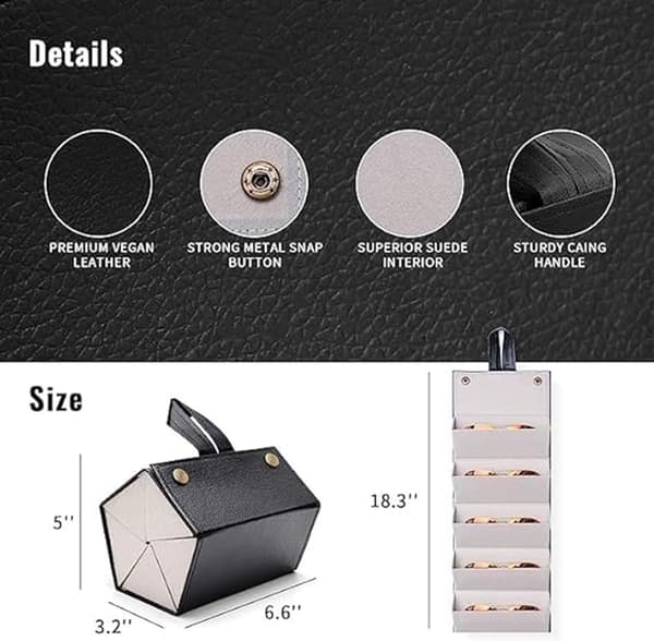 Solbrilleopbevaringsetui, 5 rum, foldbar hængende organizer med blødt for, til rejser, sort, 17x12.6x12.2cm